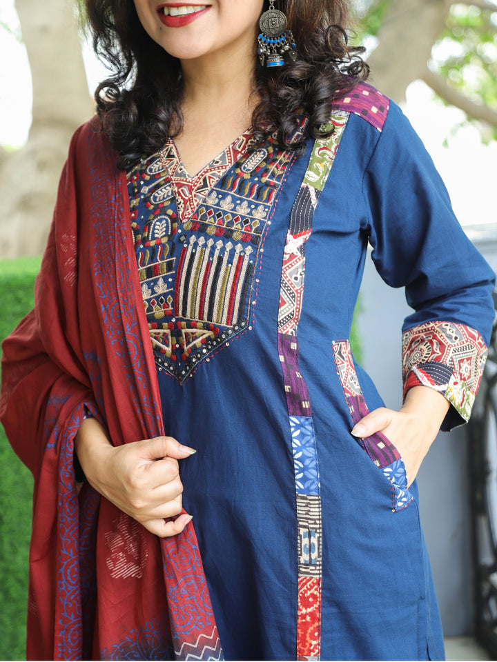 Swaroop Denim Blue Embriodered V Neck Patch Panel Cotton 3 Piece Set with Pocket
