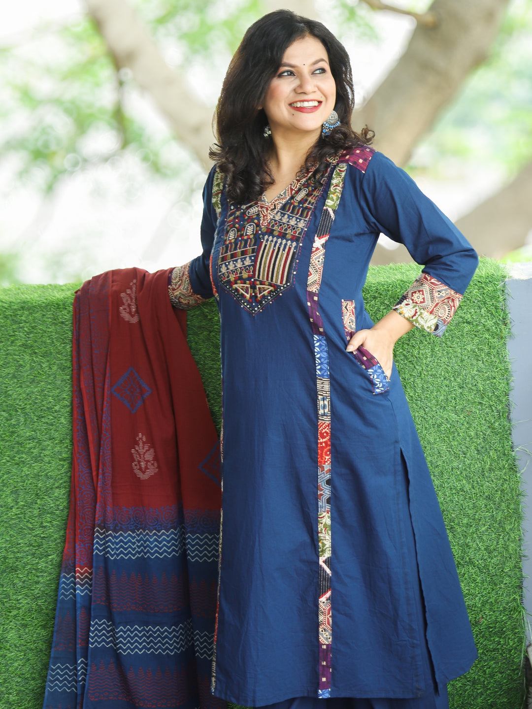 Swaroop Denim Blue Embriodered V Neck Patch Panel Cotton 3 Piece Set with Pocket