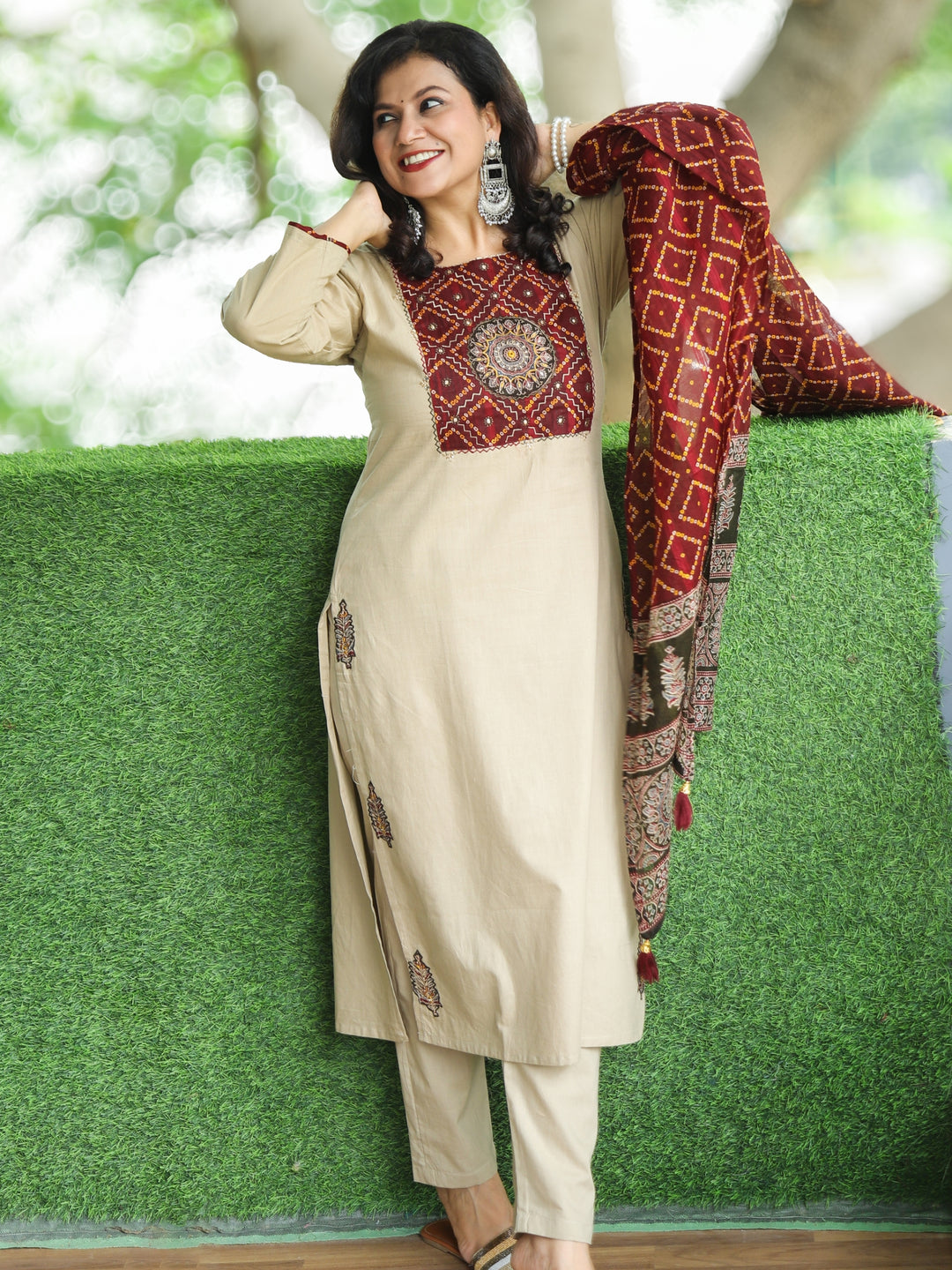 Swaroop Biscuit Beige Emriodered Patch with Bandhani Print Cotton 3 Piece Set