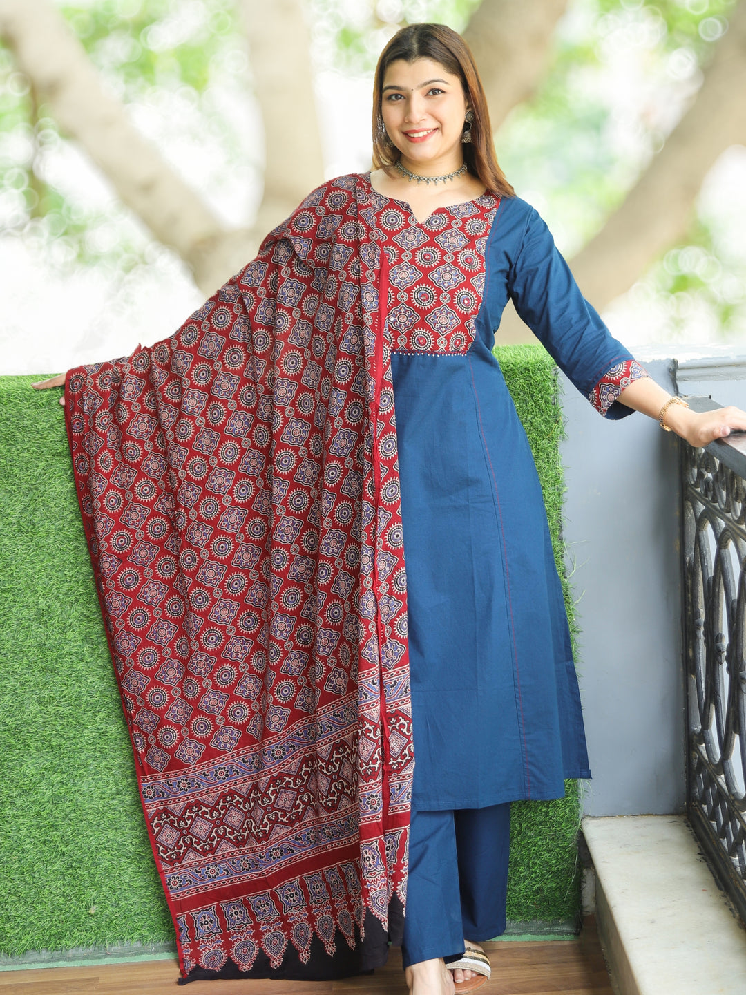 Swaroop Prussian Blue Ajrak Printed Yoke Neck in Cotton 3 Piece Set