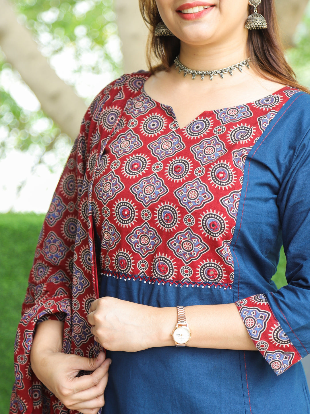Swaroop Prussian Blue Ajrak Printed Yoke Neck in Cotton 3 Piece Set