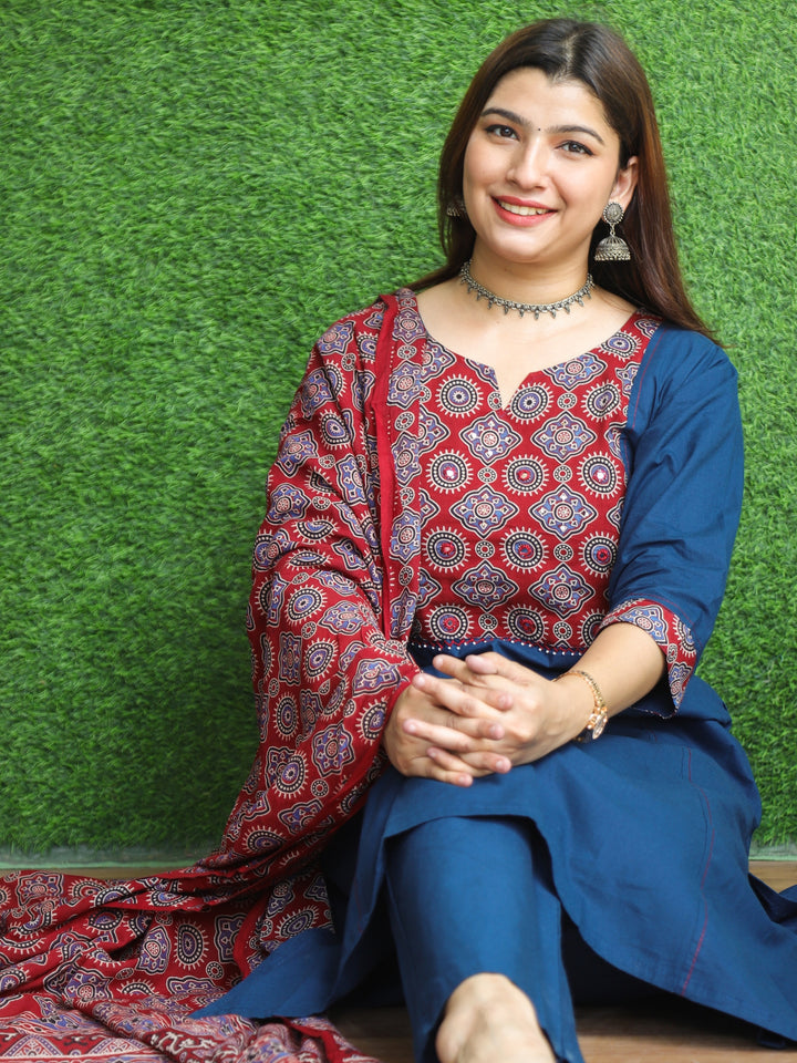 Swaroop Prussian Blue Ajrak Printed Yoke Neck in Cotton 3 Piece Set