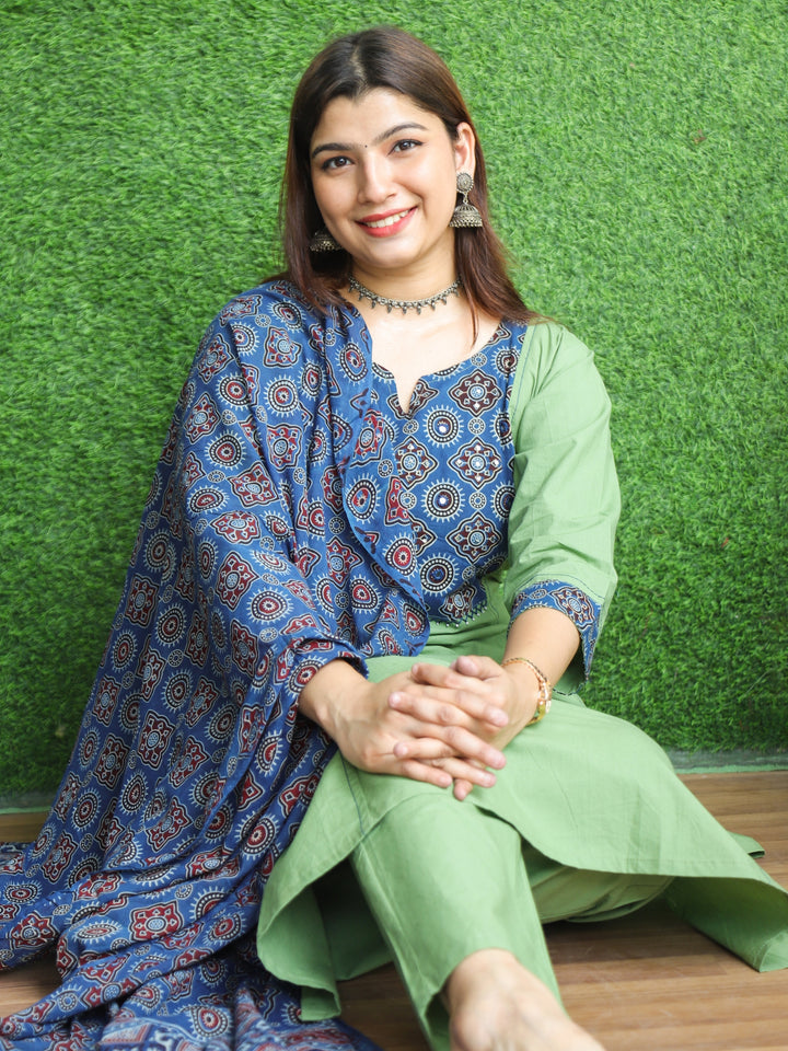 Swaroop Sage Green Ajrak Printed Yoke Neck in Cotton 3 Piece Set