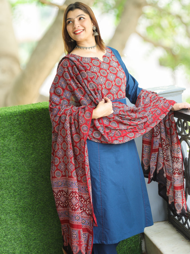 Swaroop Prussian Blue Ajrak Printed Yoke Neck in Cotton 3 Piece Set