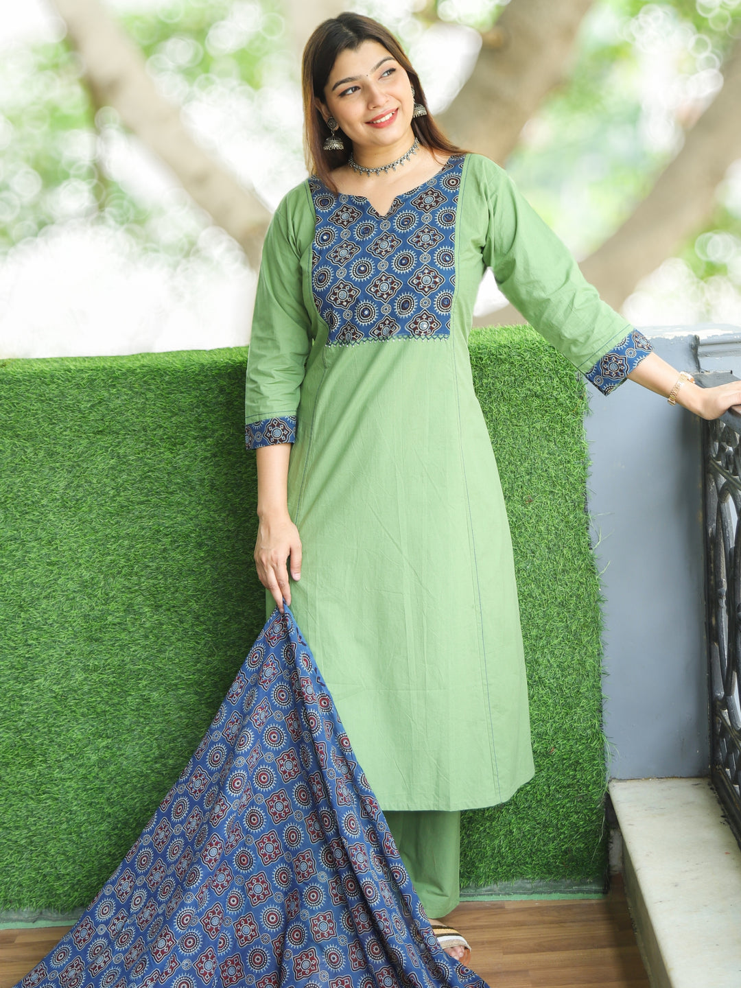 Swaroop Sage Green Ajrak Printed Yoke Neck in Cotton 3 Piece Set