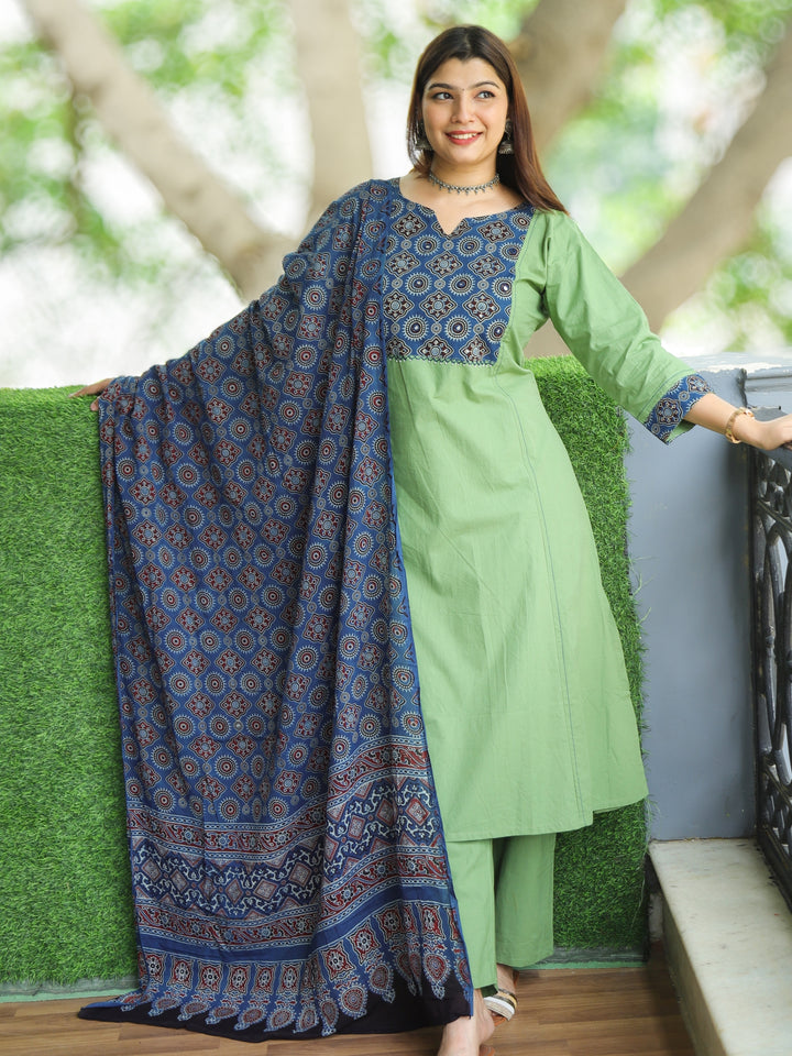 Swaroop Sage Green Ajrak Printed Yoke Neck in Cotton 3 Piece Set