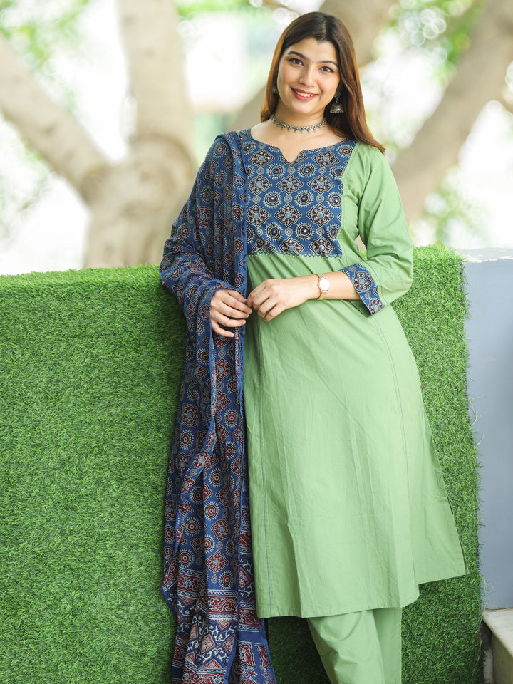 Swaroop Sage Green Ajrak Printed Yoke Neck in Cotton 3 Piece Set