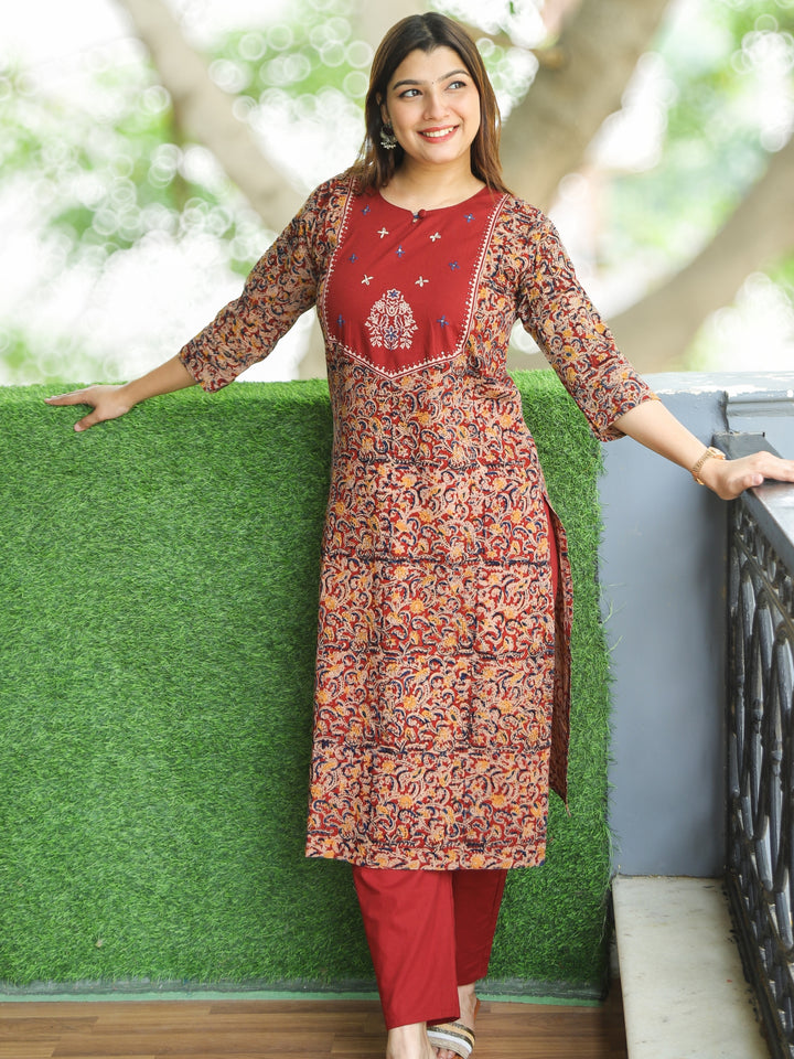 Sajni Cherry Red Floral Thread Work Yoke with Kalamkari Printed Cotton 2 PIece Set