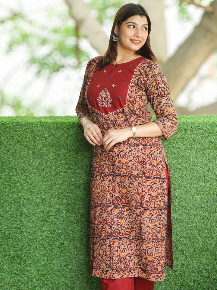 Sajni Cherry Red Floral Thread Work Yoke with Kalamkari Printed Cotton 2 PIece Set