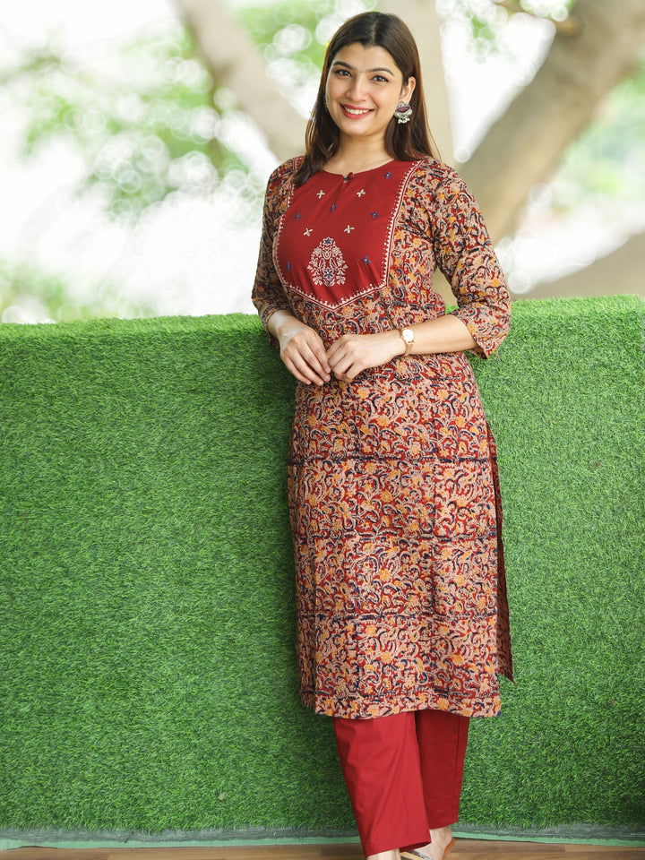Sajni Cherry Red Floral Thread Work Yoke with Kalamkari Printed Cotton 2 PIece Set