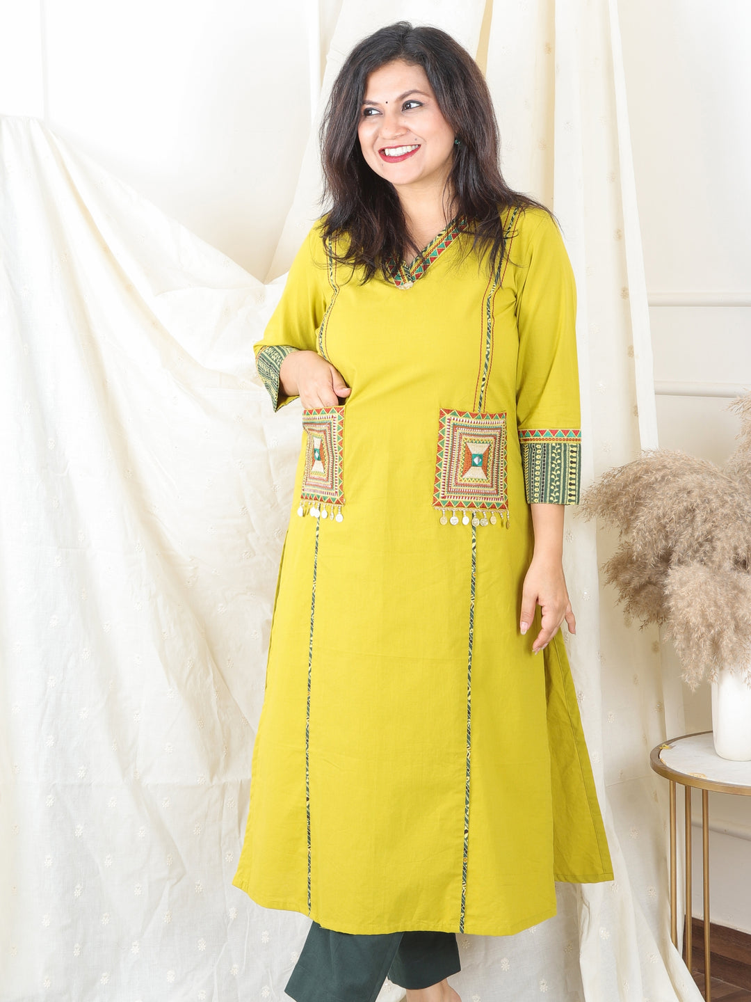Gulkand Tuscany Yellow Embroidered Patch with Coin Work Cotton Kurti with Pocket