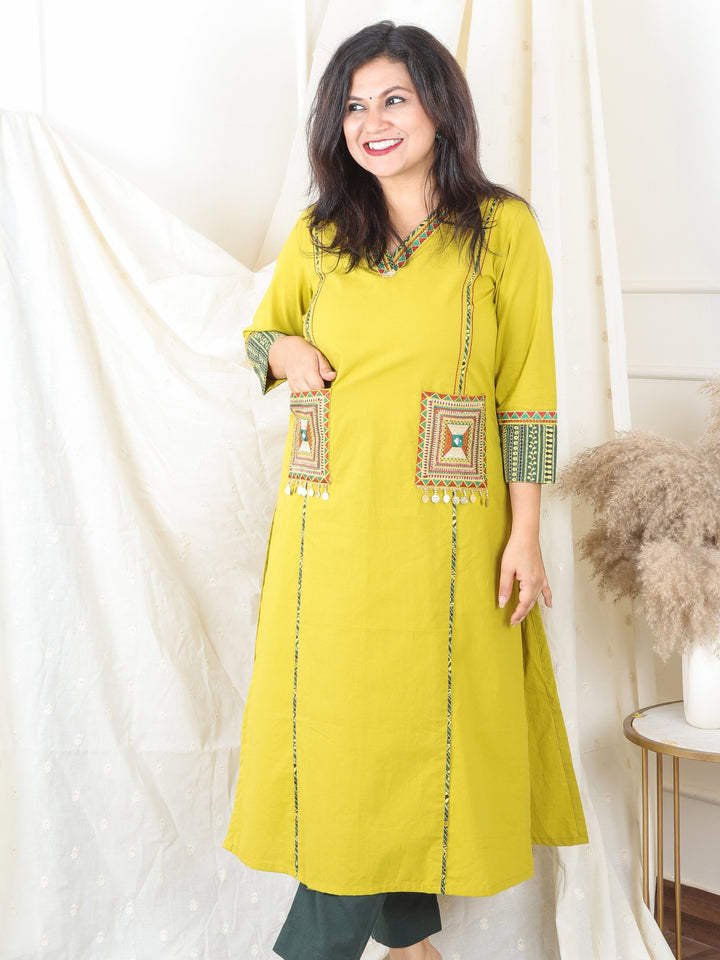 Gulkand Tuscany Yellow Embroidered Patch with Coin Work Cotton Kurti with Pocket