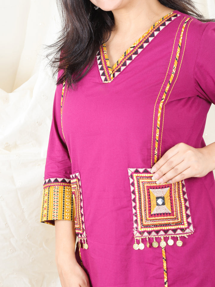 Gulkand Wine Purple Embroidered Patch with Coin Work Cotton Kurti with Pocket