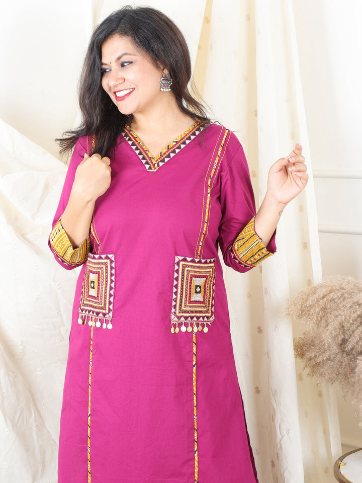 Gulkand Wine Purple Embroidered Patch with Coin Work Cotton Kurti with Pocket