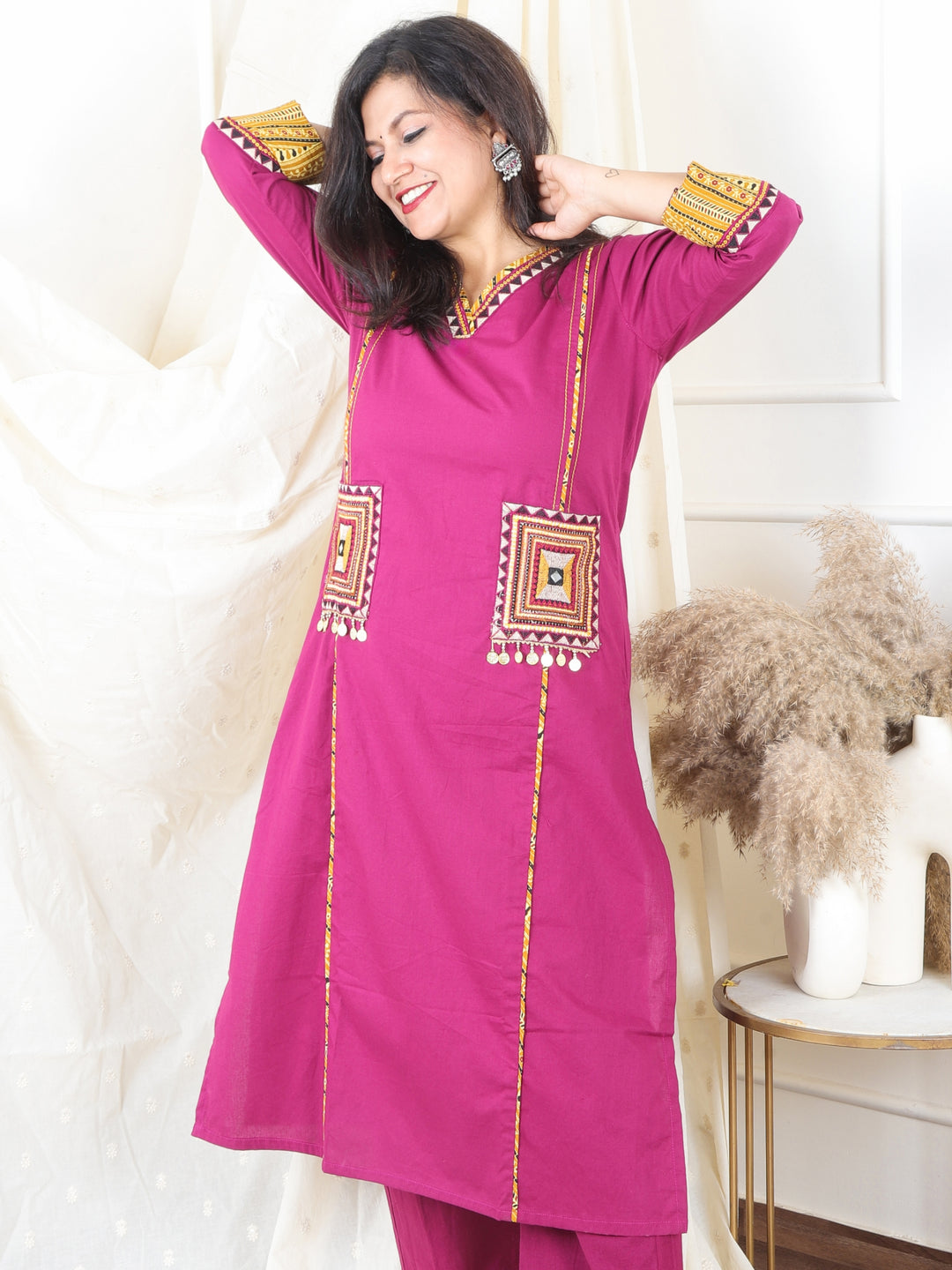 Gulkand Wine Purple Embroidered Patch with Coin Work Cotton Kurti with Pocket