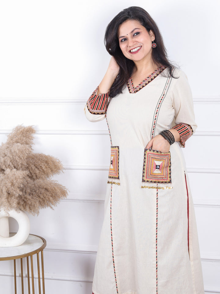 Gulkand Slate Beige Embroidered Patch with Coin Work Cotton Kurti with Pocket