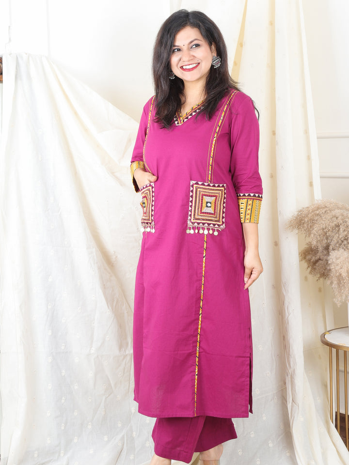 Gulkand Wine Purple Embroidered Patch with Coin Work Cotton Kurti with Pocket