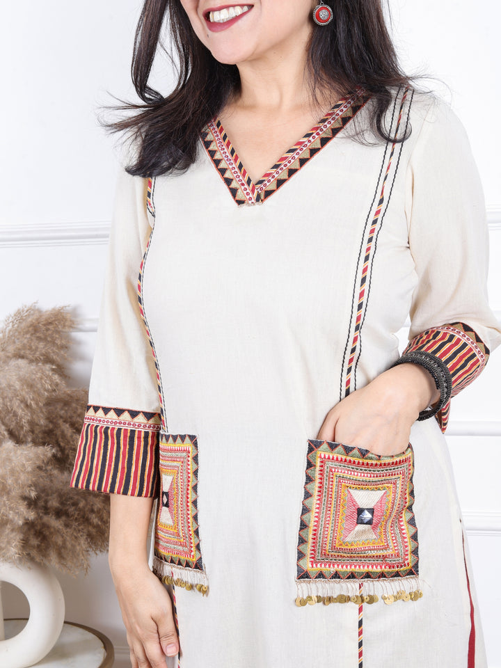 Gulkand Slate Beige Embroidered Patch with Coin Work Cotton Kurti with Pocket