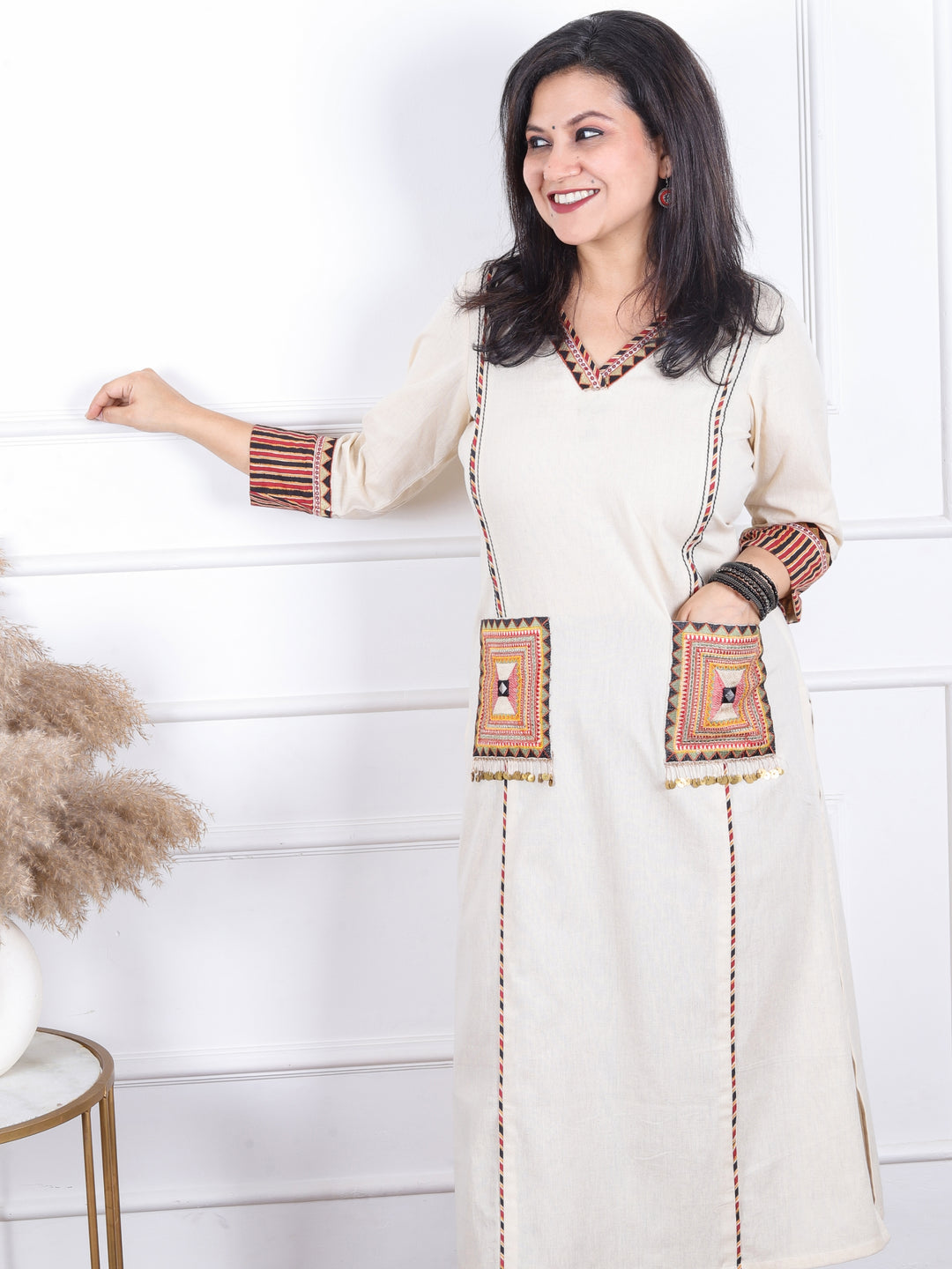 Gulkand Slate Beige Embroidered Patch with Coin Work Cotton Kurti with Pocket