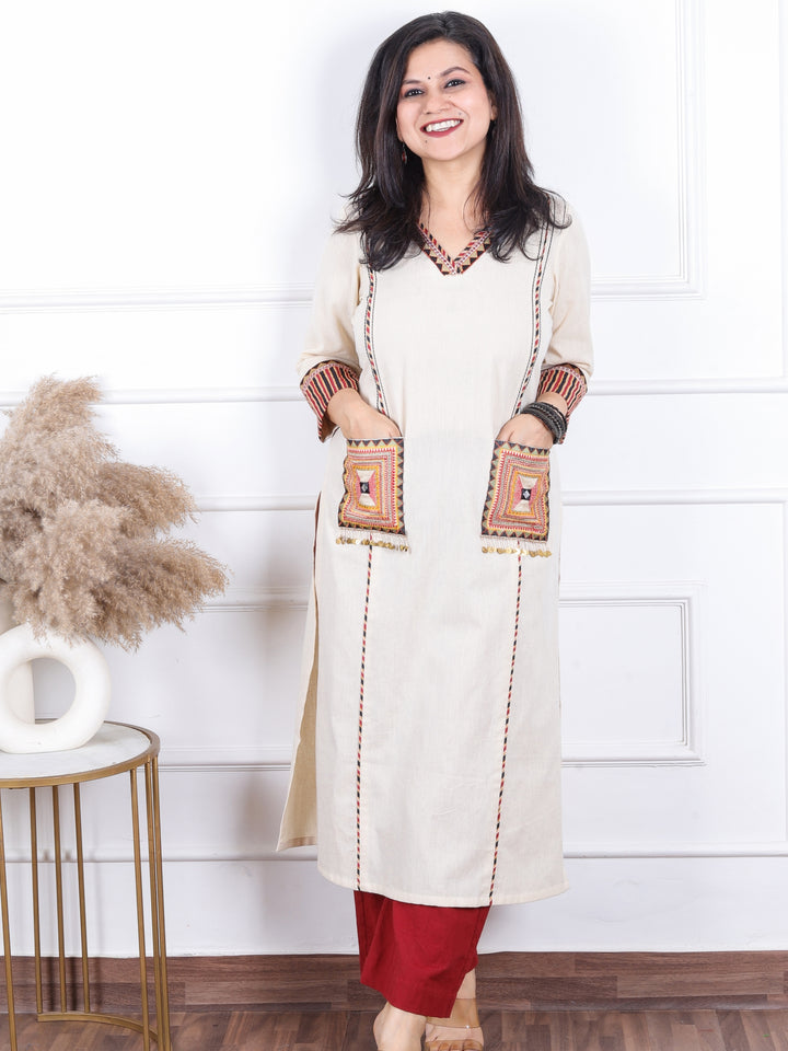 Gulkand Slate Beige Embroidered Patch with Coin Work Cotton Kurti with Pocket