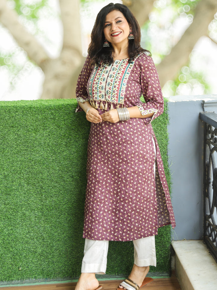 Varsha Berry Purple Embroidered Yoke with Mirror Work Bandhej Print Cotton Kurti