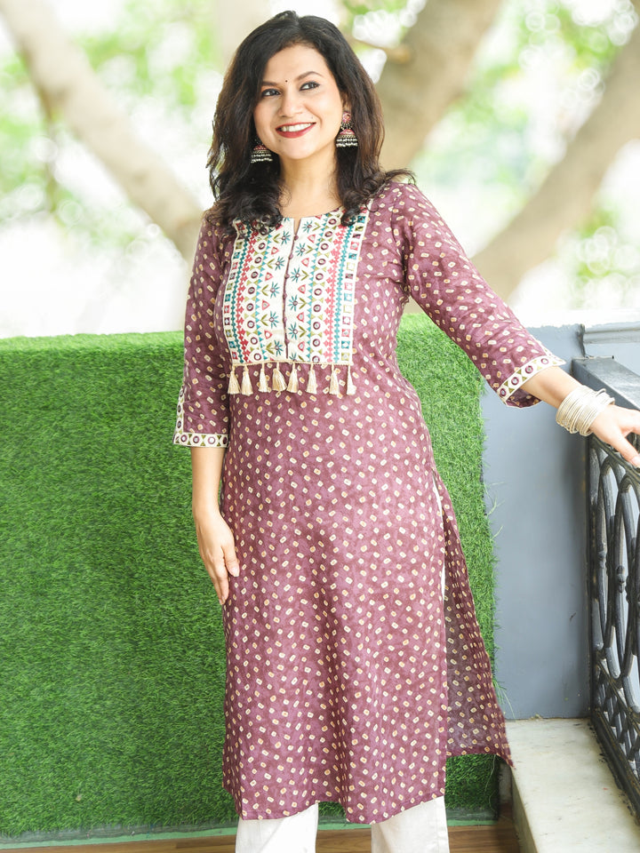 Varsha Berry Purple Embroidered Yoke with Mirror Work Bandhej Print Cotton Kurti