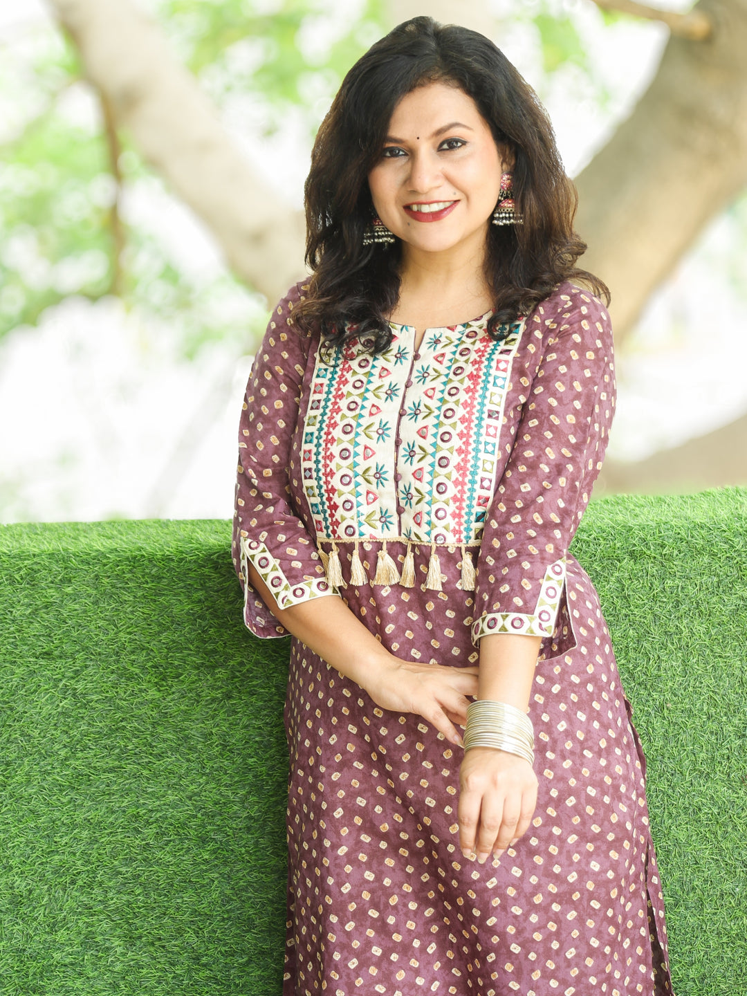 Varsha Berry Purple Embroidered Yoke with Mirror Work Bandhej Print Cotton Kurti