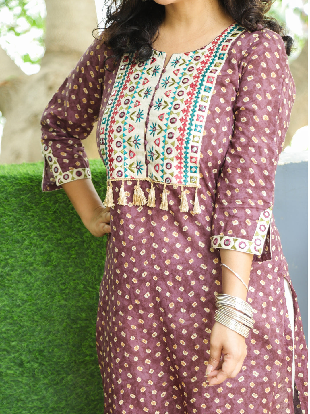Varsha Berry Purple Embroidered Yoke with Mirror Work Bandhej Print Cotton Kurti