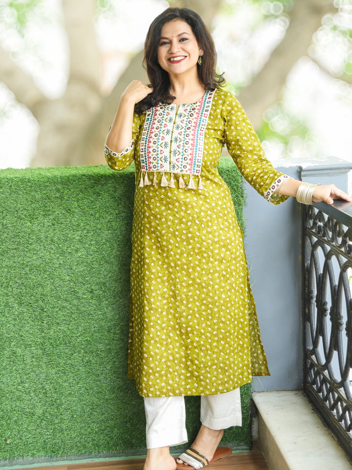 Varsha Olive Green Embroidered Yoke with Mirror Work Bandhej Print Cotton Kurti