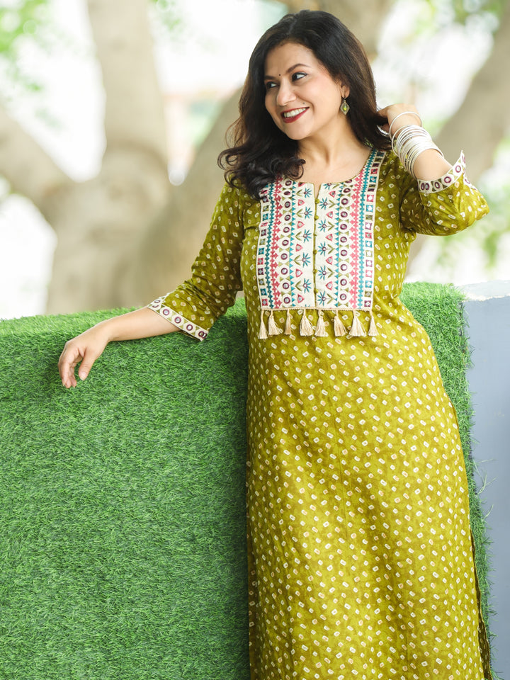 Varsha Olive Green Embroidered Yoke with Mirror Work Bandhej Print Cotton Kurti