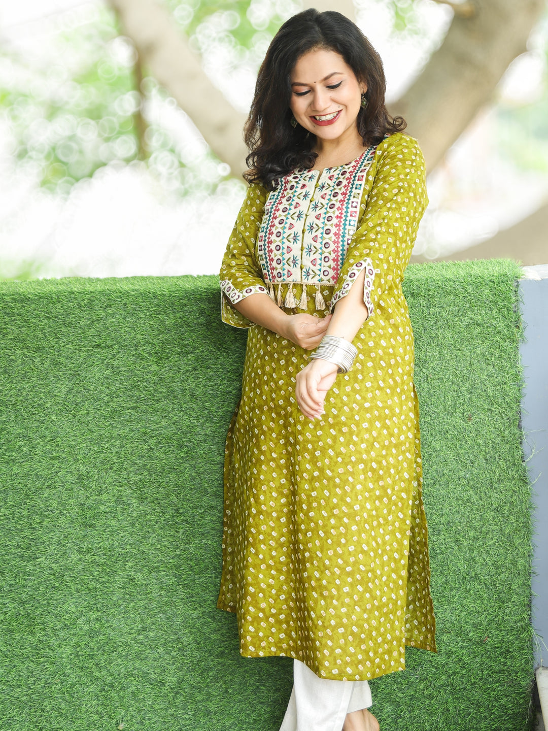 Varsha Olive Green Embroidered Yoke with Mirror Work Bandhej Print Cotton Kurti