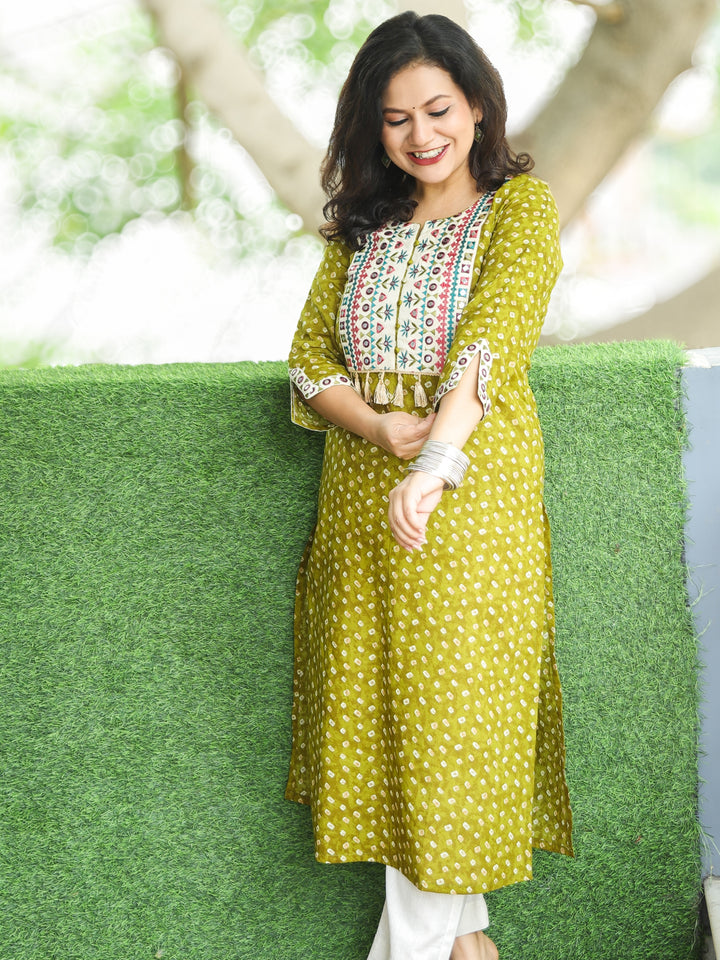 Varsha Olive Green Embroidered Yoke with Mirror Work Bandhej Print Cotton Kurti
