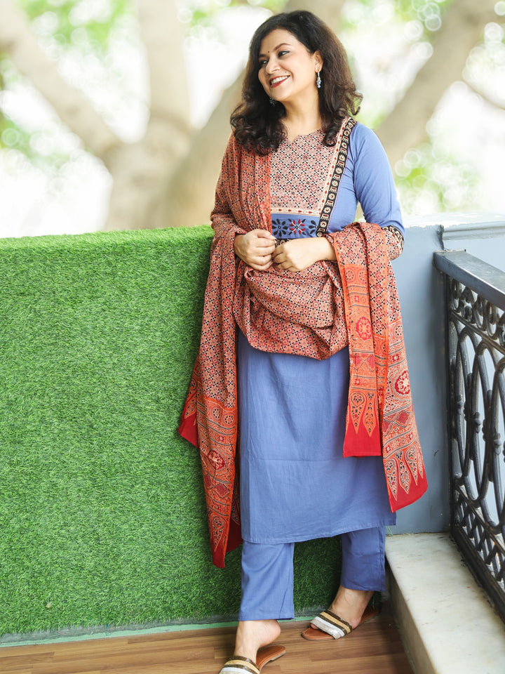 Pranda Grayish Blue Ajrak Printed Yoke with Thread Embroidery Cotton 3 Piece Set