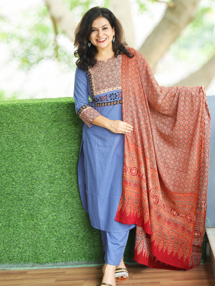 Pranda Grayish Blue Ajrak Printed Yoke with Thread Embroidery Cotton 3 Piece Set