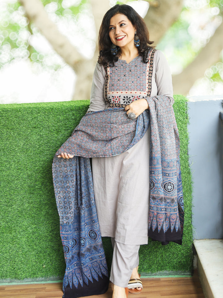 Pranda Fossil Grey Ajrak Printed Yoke with Thread Embroidery Cotton 3 Piece Set