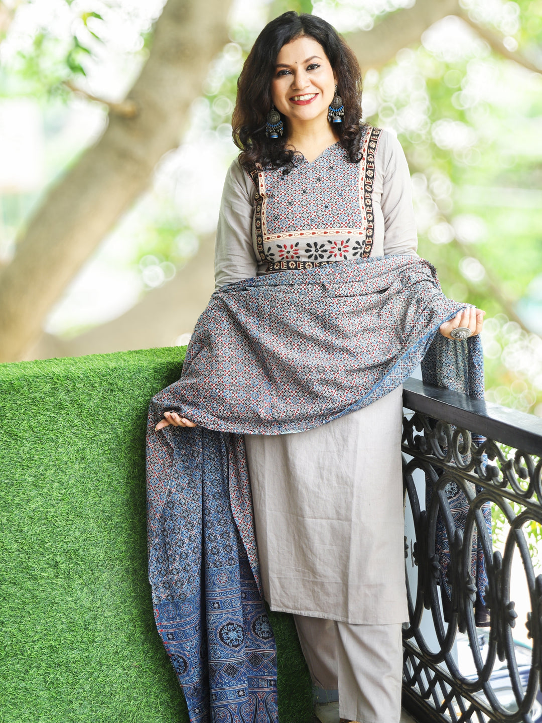 Pranda Fossil Grey Ajrak Printed Yoke with Thread Embroidery Cotton 3 Piece Set