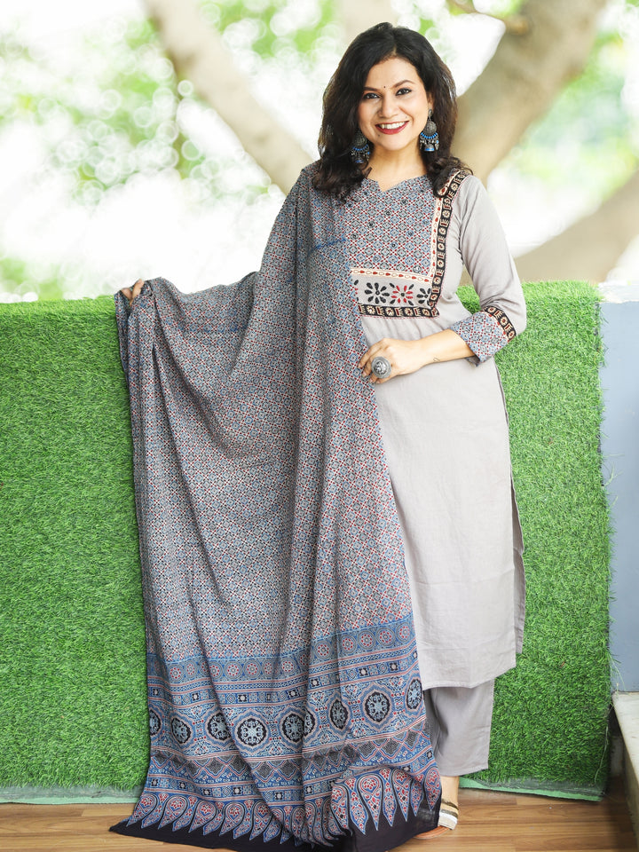 Pranda Fossil Grey Ajrak Printed Yoke with Thread Embroidery Cotton 3 Piece Set