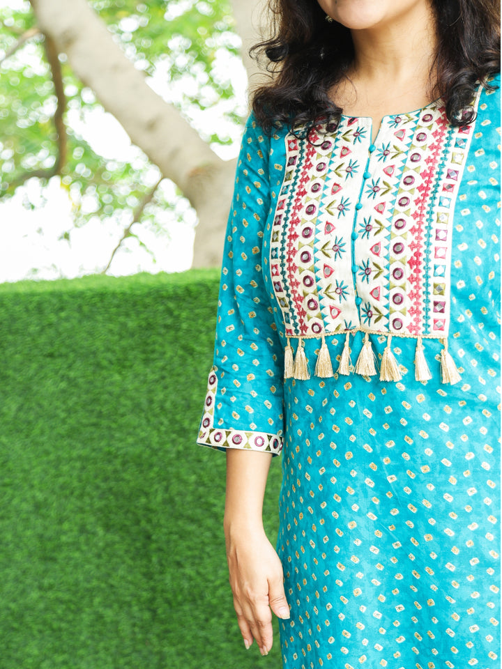 Varsha Aqua Teal Embroidered Yoke with Patra Work Bandhej Print Cotton Kurti