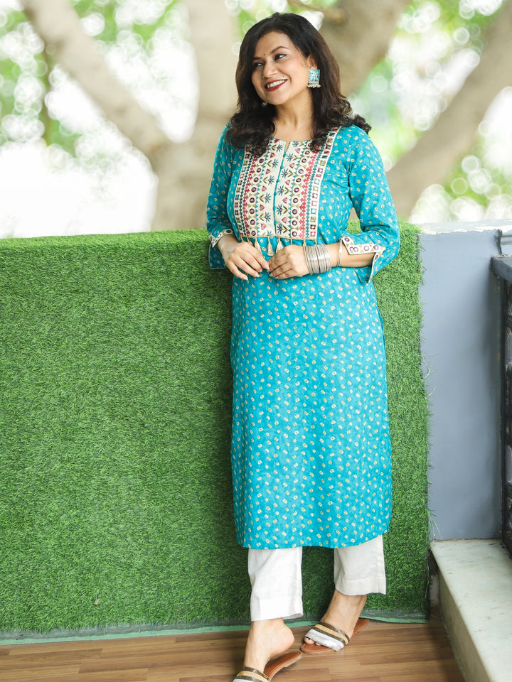 Varsha Aqua Teal Embroidered Yoke with Patra Work Bandhej Print Cotton Kurti