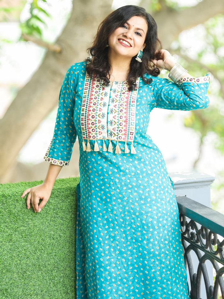 Varsha Aqua Teal Embroidered Yoke with Patra Work Bandhej Print Cotton Kurti