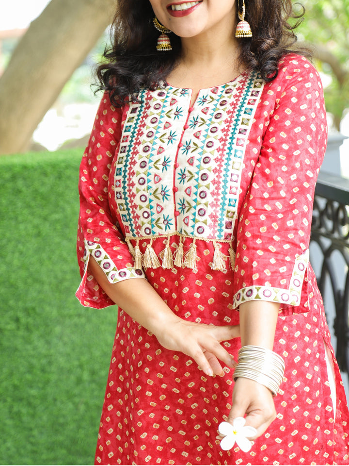 Varsha Blush Pink Embroidered Yoke with Mirror Work Bandhej Print Cotton Kurti