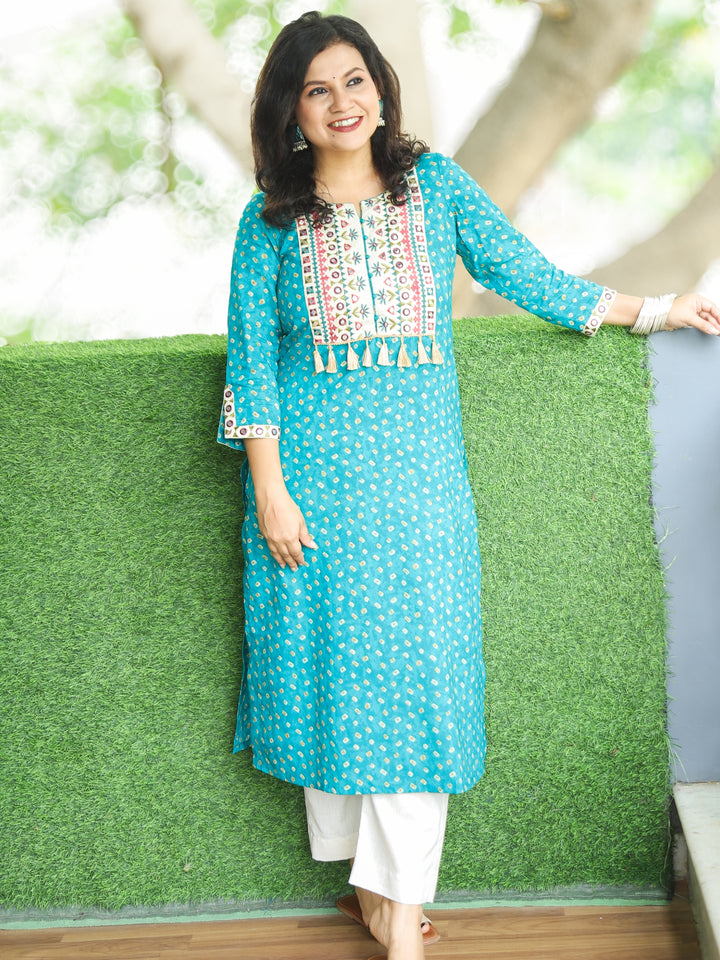 Varsha Aqua Teal Embroidered Yoke with Patra Work Bandhej Print Cotton Kurti
