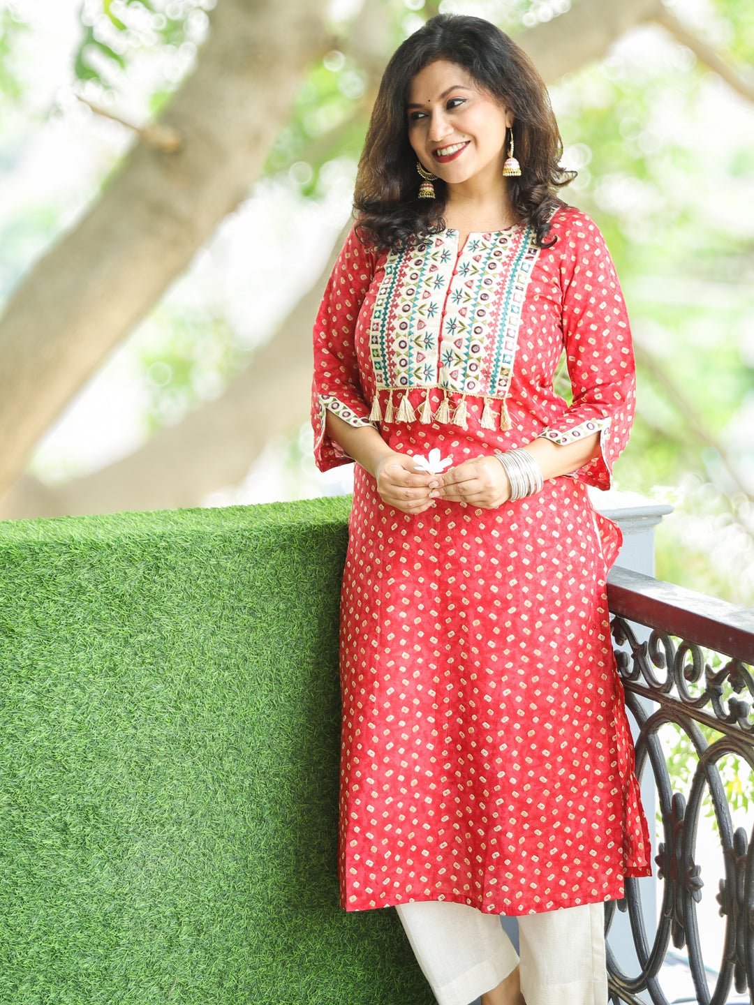 Varsha Blush Pink Embroidered Yoke with Mirror Work Bandhej Print Cotton Kurti