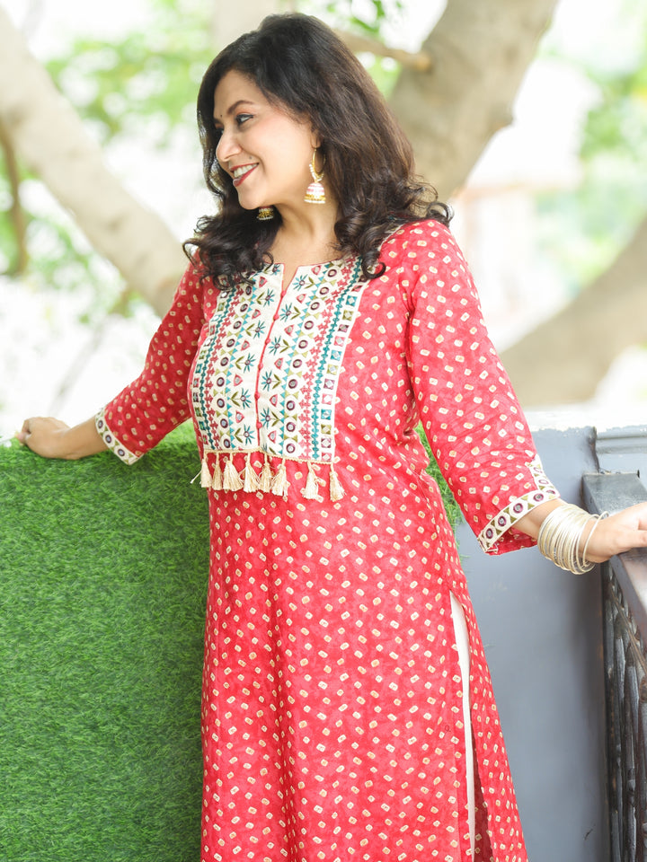 Varsha Blush Pink Embroidered Yoke with Mirror Work Bandhej Print Cotton Kurti