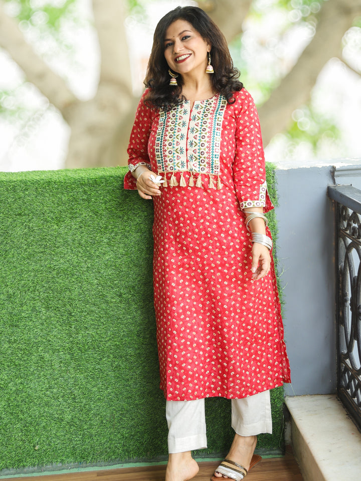 Varsha Blush Pink Embroidered Yoke with Mirror Work Bandhej Print Cotton Kurti