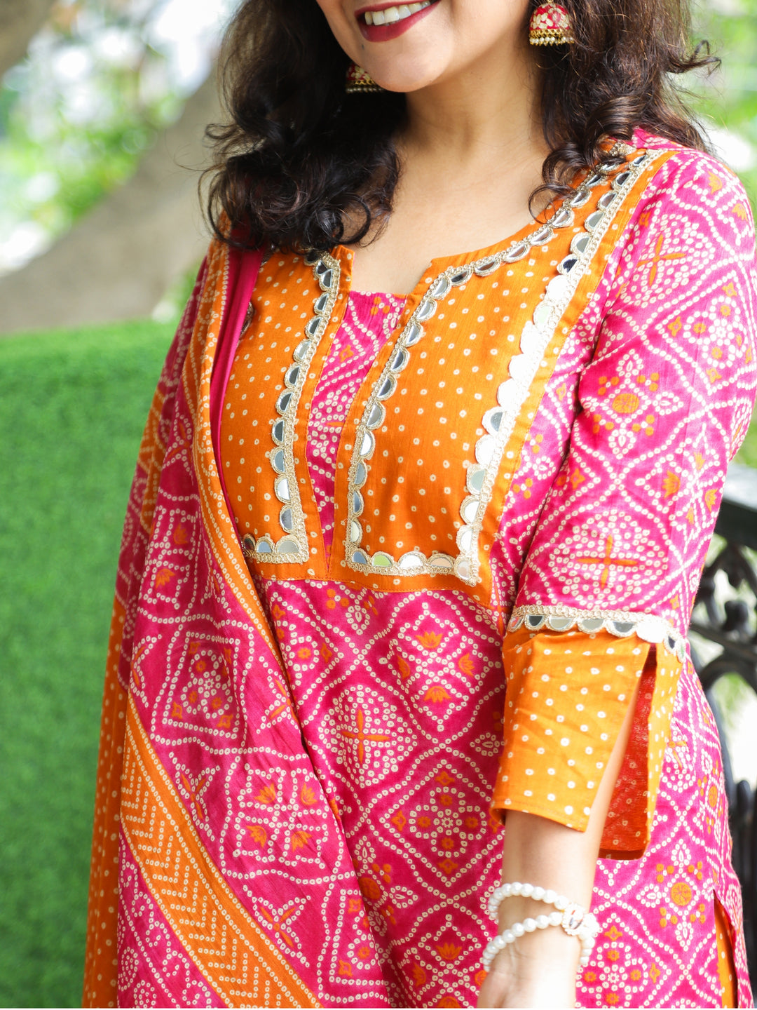 Rimjhim Barbie Pink with Polka Dot Yoke and Mirror Lace Bandhani Print Cotton 3 PIece Set