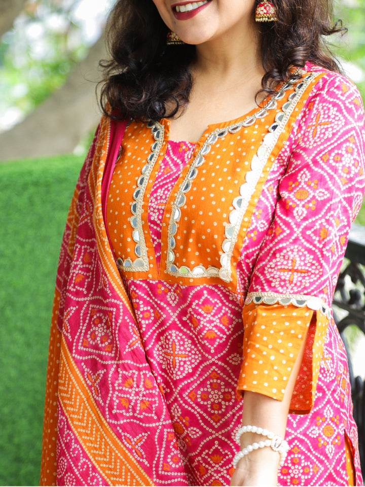 Rimjhim Barbie Pink with Polka Dot Yoke and Mirror Lace Bandhani Print Cotton 3 PIece Set