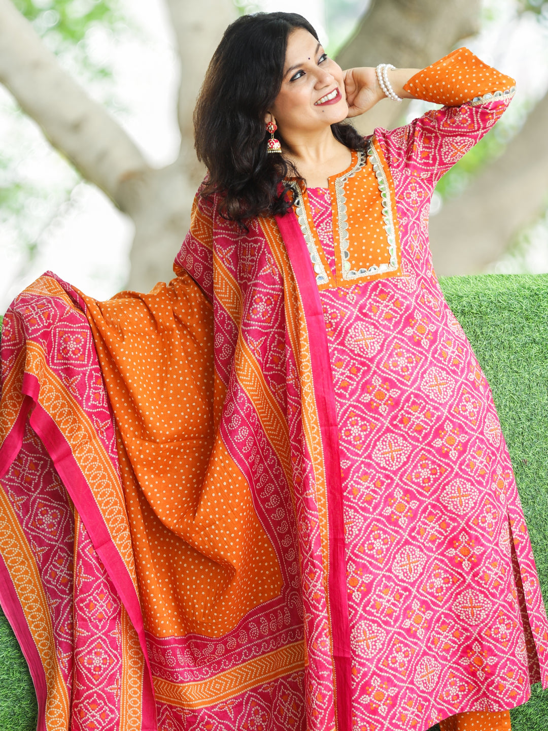 Rimjhim Barbie Pink with Polka Dot Yoke and Mirror Lace Bandhani Print Cotton 3 PIece Set