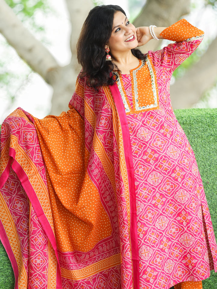 Rimjhim Barbie Pink with Polka Dot Yoke and Mirror Lace Bandhani Print Cotton 3 PIece Set