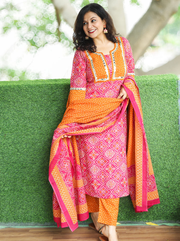Rimjhim Barbie Pink with Polka Dot Yoke and Mirror Lace Bandhani Print Cotton 3 PIece Set